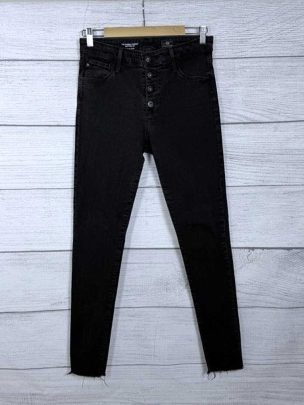 AG The Farrah Skinny High-Rise Button Fly Raw Hem Black Jeans Size 30
